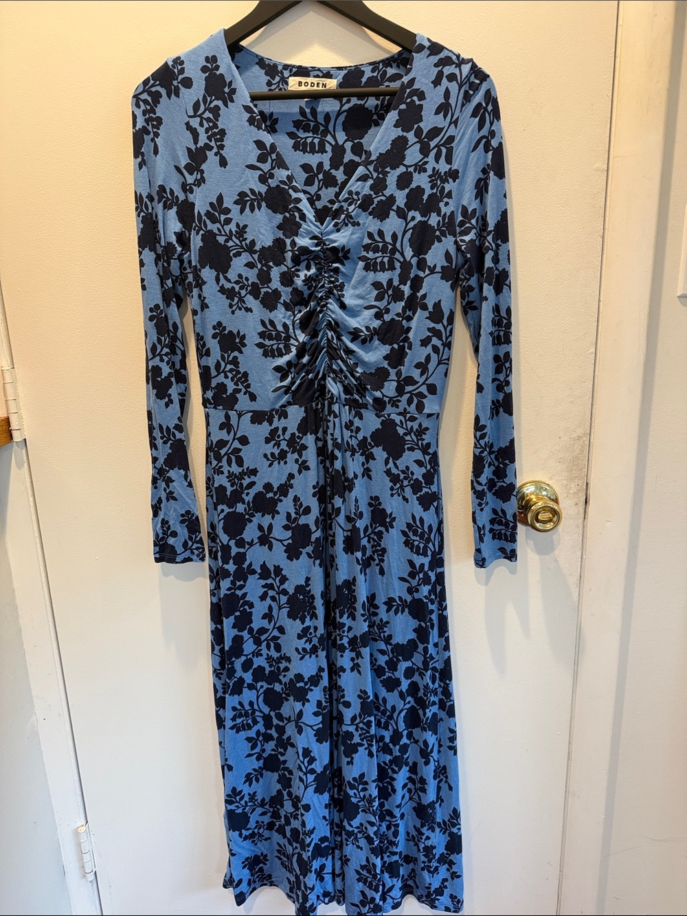 Boden Light Blue Floral Ruched Long-Sleeve Midi Dress